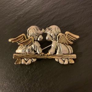 MJ Vintage Silver & Gold Tone Kissing Angles Brooch Pendant